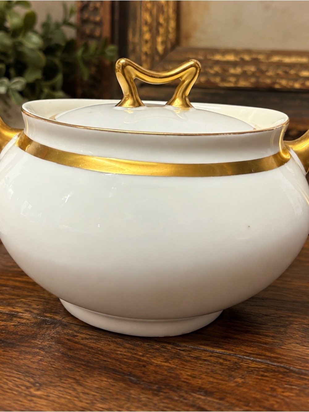 Vintage Lupin Bavaria Covered Sugar Bowl Gold Trim White Porcelain Double Handle